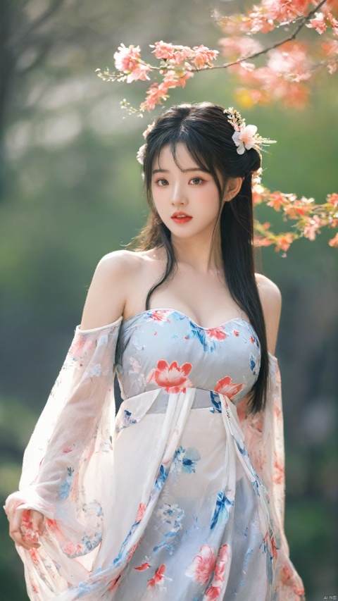  arien_hanfu,1girl, solo, flower, long hair, black hair, hair ornament, (big breasts:1.59),hair flower, blue eyes, floral print, chinese clothes, looking at viewer, detached sleeves, full body, white flower, parted lips, dress, pink flower, china dress, bare shoulders, blush, red flower, eyelashes, white dress, lips, sleeveless, parted bangs, grey background, gongzhuqie, neon_dress,huansha, glowing,lens flare,big leaf,plant, wind, chang,(big breasts:1.5),