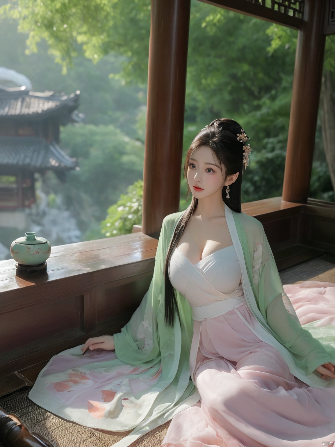  ((1girl)),solo,lying on back on bamboo mat bed in garden,paper fan,thin hanfu,foggy,(curtain),(bamboo forest),(huge breasts:2),(Spread your legs and expose your vagina:1.55),tiles roof,light green and white,off shoulders,chinese painting,gongbi style,water_color,(grapevineman:1.4),(huge breasts:2.5),(trees, artificial mountain, green lotus leaves,light pink lotus flowers),koi,wooden windows,doors,bed,stone,trandional architecture,temple,tower,wall,chinese garden,long hair,full body,bangs,(huge breasts:2.2),(masterpiece, Extremely detailed, best quality, highres:1.2),(ultra_detailed, UHD:1.2),soft smile,huyefo,1girl,see-through,(huge breasts:2.3),,*****,bsp,daxiushan,daxiushan style, , ,