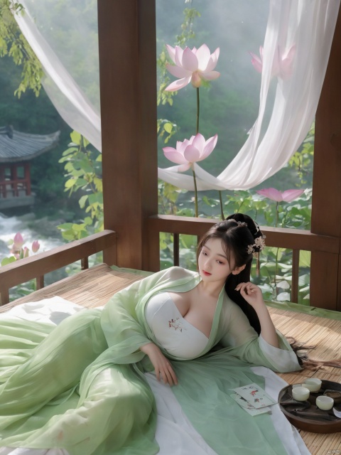  ((1girl)),solo,lying on back on bamboo mat bed in garden,paper fan,thin hanfu,foggy,(curtain),(bamboo forest),(huge breasts:2),(Spread your legs and expose your vagina:1.55),tiles roof,light green and white,off shoulders,chinese painting,gongbi style,water_color,(grapevineman:1.4),(huge breasts:2.5),(trees, artificial mountain, green lotus leaves,light pink lotus flowers),koi,wooden windows,doors,bed,stone,trandional architecture,temple,tower,wall,chinese garden,long hair,full body,bangs,(huge breasts:2.2),(masterpiece, Extremely detailed, best quality, highres:1.2),(ultra_detailed, UHD:1.2),soft smile,huyefo,1girl,see-through,(huge breasts:2.3),,pussy,bsp,daxiushan,daxiushan style, , ,