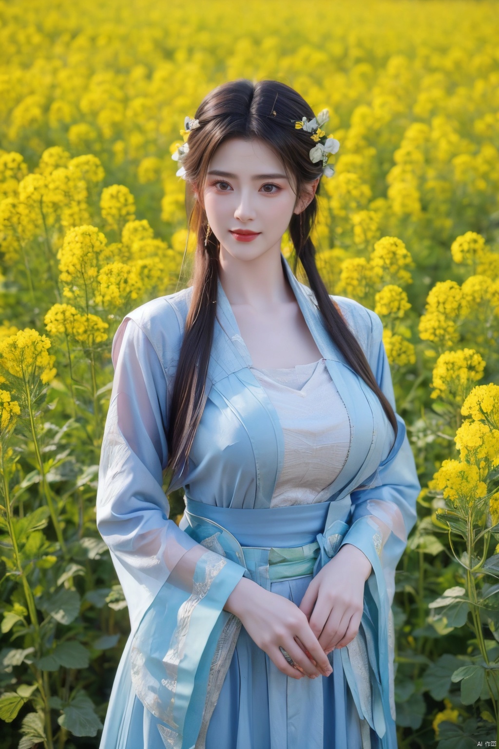  Enhanced, masterpiece, 16K, girl, Solo, Flower Field, rape flower, (\meng ze\), yue , hair ornament , hanfu,(big breasts:1.33)