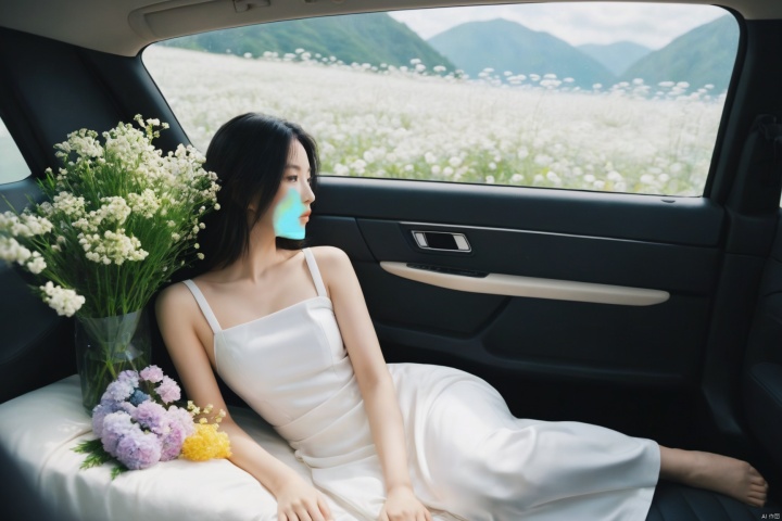  breathtaking ethereal fantasy concept art of cinematic film still,chinese girl,a girl with white hair sitting in car filled with flowers,art by Rinko Kawauchi,in the style of naturalistic poses,vacation dadcore,youth fulenergy,a cool expression,body extensions,flowersin the sky,****og film,super detail,dreamy lofi photography,colourful,covered in flowers andvines,Inside view,shot on fujifilm XT4 . shallow depth of field,vignette,highly detailed,high budget,bokeh,cinemascope,moody,epic,gorgeous,film grain,grainy . magnificent,celestial,ethereal,painterly,epic,majestic,magical,fantasy art,cover art,dreamy,monkren, . award-winning, professional, highly detailed, light master, monkren, sunlight