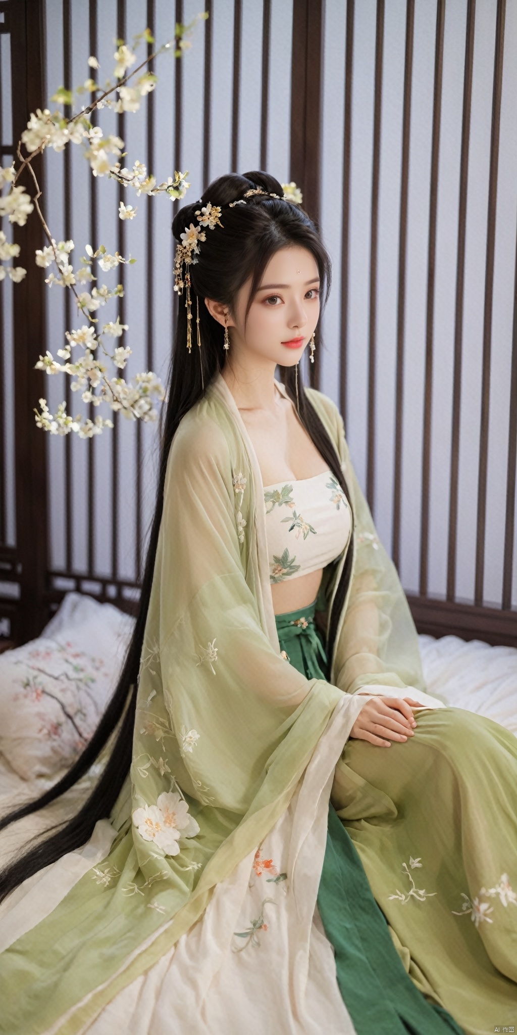  1girl, solo, long hair, black hair,Hairpins,necklace, hair ornament, dress, full body, flower, earrings, indoors, hair bun, (white-green dress),(Tube top Hanfu long skirt:1.1), pillow, bed, night, chinese clothes, table, branch,daxiushan, ,daxiushan style,(huge breasts:1.88), (full breasts:1.59), realistic,hanfu, daxiushan,Shoulders are exposed, , daxiushan, arien_hanfu, FilmGirl