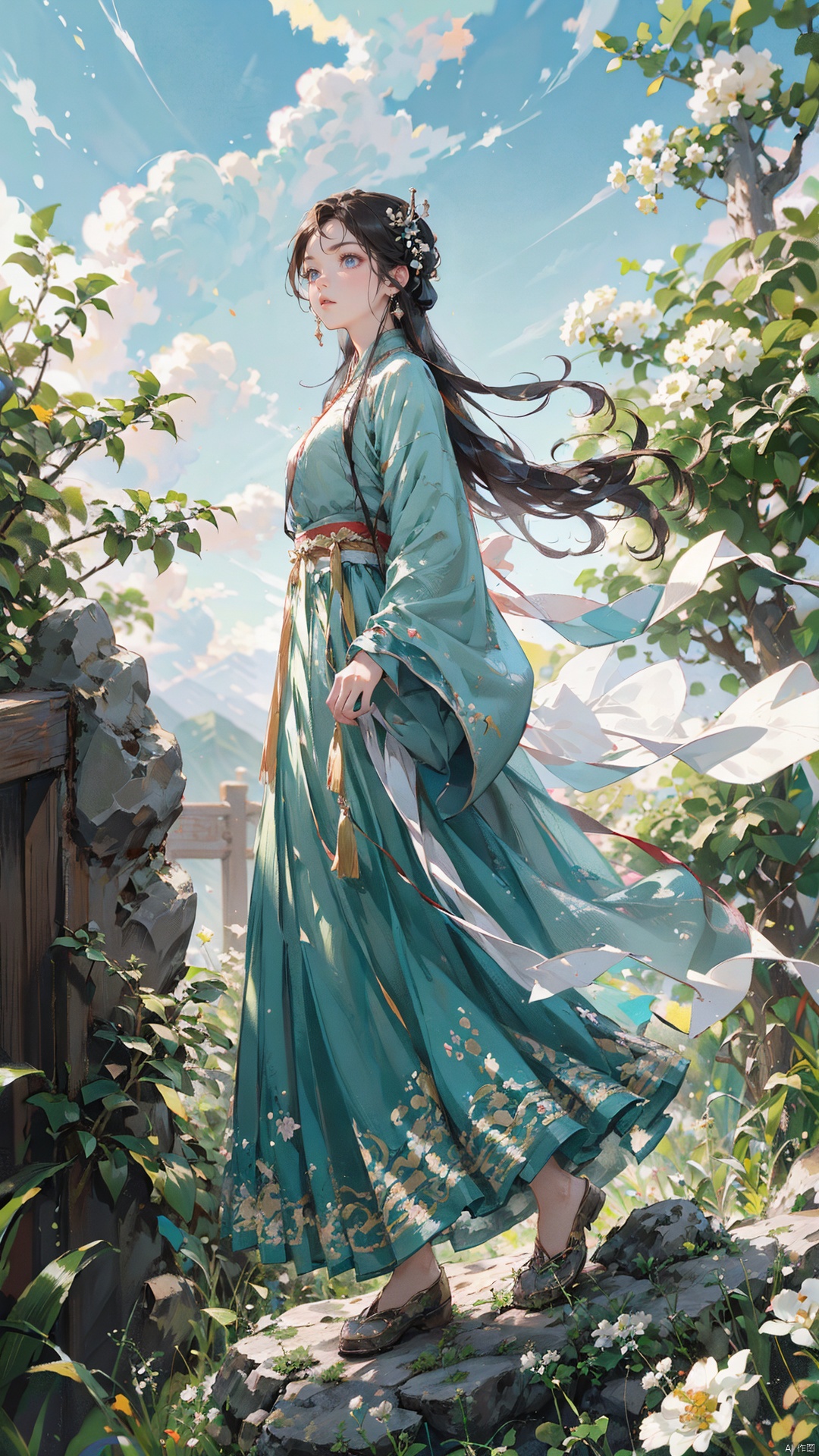  (8k, original image, best quality, masterpiece: 1.2),aerial garden, (A girl lazily stood on a rock watching the scenery),(Beautiful facial features, extremely beautiful face),(Hanfu long skirt:1.2),White Hanfu,The ancient tea trees on both sides of her are covered in white flowers,(Fisheye view), whole body, solo, atmospheric lighting, Ancient Chinese Architecture,The foreground is a Chinese style circular arch,Far away is a mountain hidden in the clouds,White flowers, wind,cloud, atmospheric lighting,physics based rendering, viewers,DUNHUANG_CLOTHS,han style,1 girl