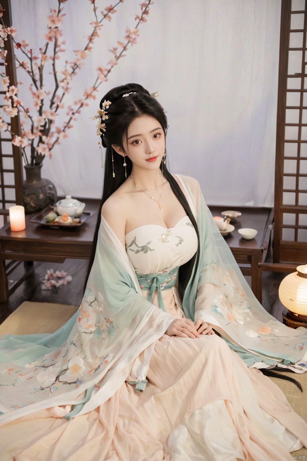  1girl, solo, long hair, black hair,Hairpins,necklace, hair ornament, dress, full body, flower, earrings, indoors, hair bun, (black-white dress),(Tube top Hanfu long skirt:1.1), pillow, bed, night, chinese clothes, table, branch,daxiushan, ,daxiushan style,(huge breasts:1.99), (full breasts:1.59), realistic,hanfu, daxiushan,Shoulders are exposed, , daxiushan, arien_hanfu, FilmGirl