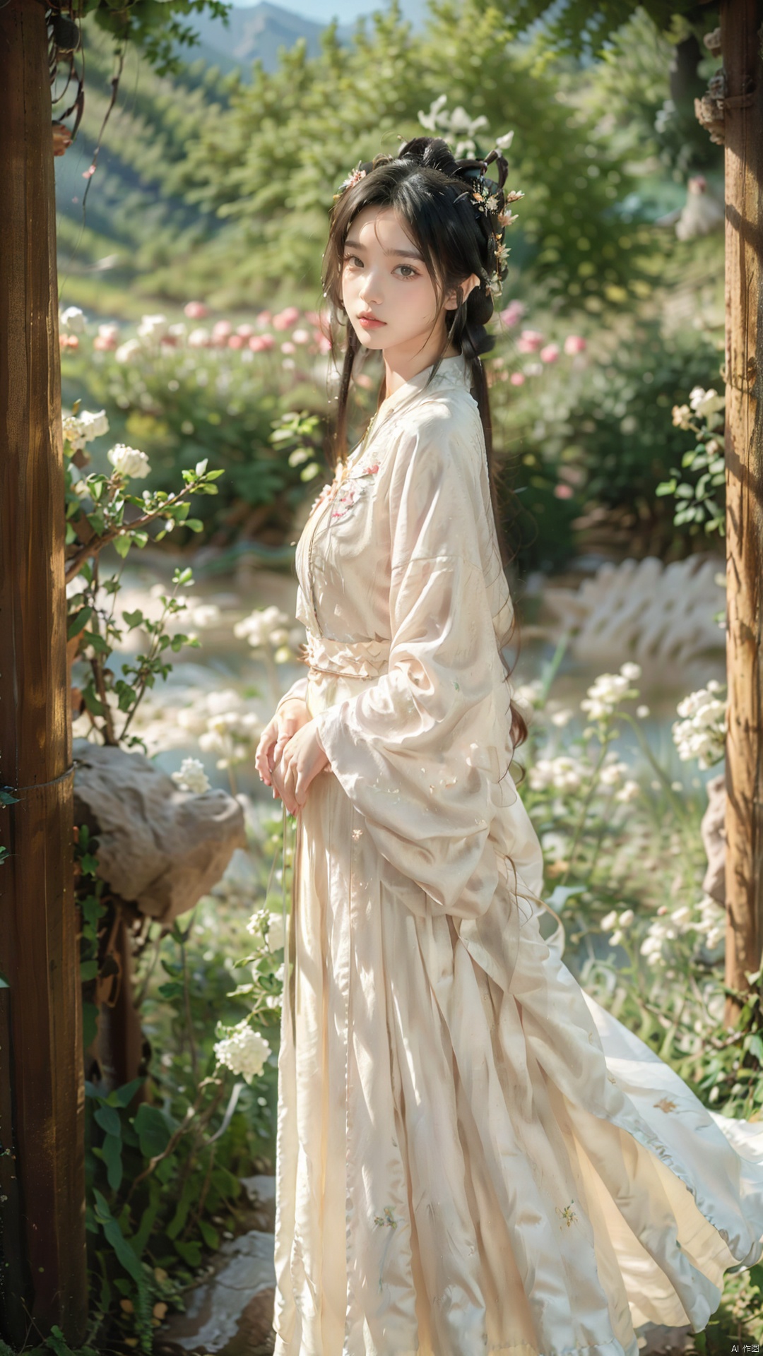 (8k, original image, best quality, masterpiece: 1.2),aerial garden, (A girl lazily stood on a rock watching the scenery),(Beautiful facial features, extremely beautiful face),(Hanfu long skirt:1.2),White Hanfu,The ancient tea trees on both sides of her are covered in white flowers,(Fisheye view), whole body, solo, atmospheric lighting, Ancient Chinese Architecture,The foreground is a Chinese style circular arch,Far away is a mountain hidden in the clouds,White flowers, wind,cloud, atmospheric lighting,physics based rendering, viewers,DUNHUANG_CLOTHS,han style,1 girl