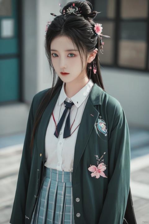  Long hair, light blue hair, pink streaks of hair, space bun hairstyle, flower hairpin, blue eyes, long-sleeve, button-up white shirt, a gray jacket with blue-green stripes, a red bow, dark blue-green pleated skirt, school background, add_detail:1, add_detail:0, add_detail:0.5, qingyi,(big breasts:1.39)