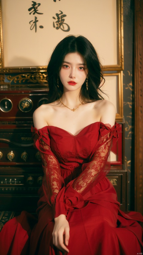  sdmai, hongchen, 1girl, solo, lace dress, red dress, black hair, realistic, breasts, jewelry, earrings, looking at viewer, bare shoulders,(big breasts:1.69)