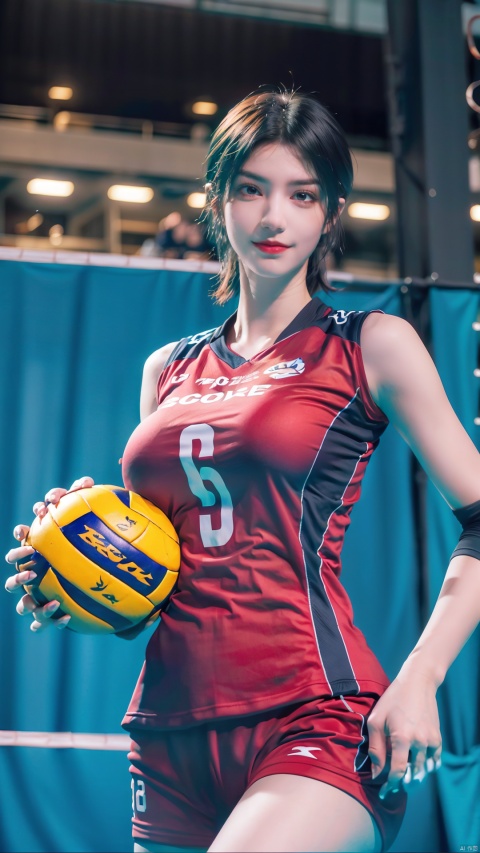  1girl, (volleyball uniform:1.2), smile, holding volleyball, milf, mature female, short hair, (gigantic breasts:1.2), skindentation, tall ,narrow waist, thighs, wide hips,eyeliner, eyelashes, perfect face, detailed eyes, facial lighting, indoor stadium, audience, crowd, looking at viewer(masterpiece, high quality:1.2),