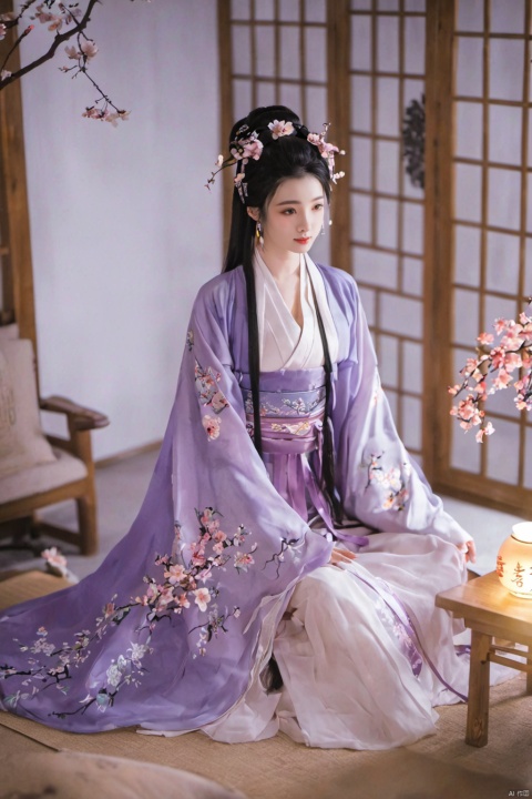  1girl, solo, long hair, black hair,Hairpins,necklace, hair ornament, dress, full body, flower, earrings, indoors, hair bun, (purple dress),(Tube top Hanfu long skirt:1.1), pillow, bed, night, chinese clothes, table, branch,daxiushan, ,daxiushan style,(huge breasts:1.69), (full breasts:1.59), realistic,hanfu, daxiushan,Shoulders are exposed, , daxiushan, arien_hanfu, FilmGirl