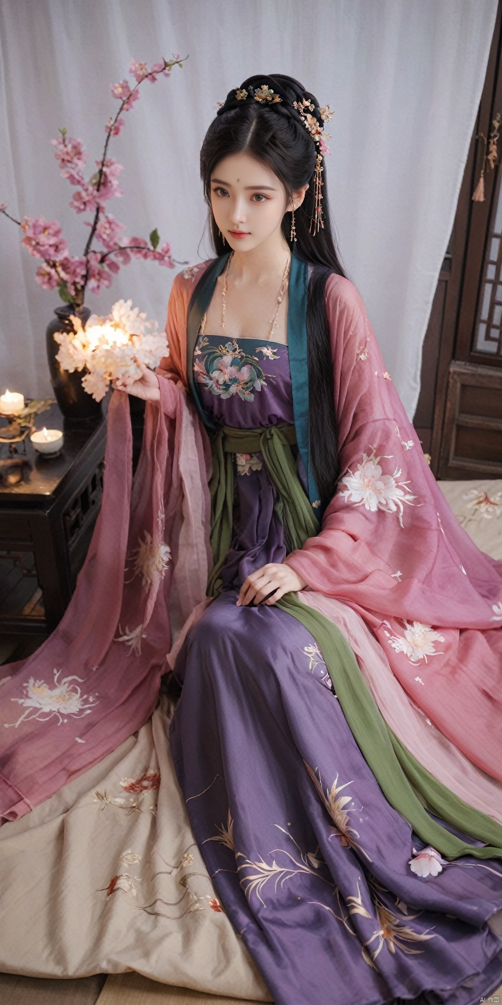  1girl, solo, long hair, black hair,Hairpins,necklace, hair ornament, dress, full body, flower, earrings, indoors, hair bun, (purple-pink-green dress),(Tube top Hanfu long skirt:1.1), pillow, bed, night, chinese clothes, table, branch,daxiushan, ,daxiushan style,(huge breasts:1.6), (full breasts), realistic,hanfu, daxiushan,Shoulders are exposed, , daxiushan, arien_hanfu, FilmGirl