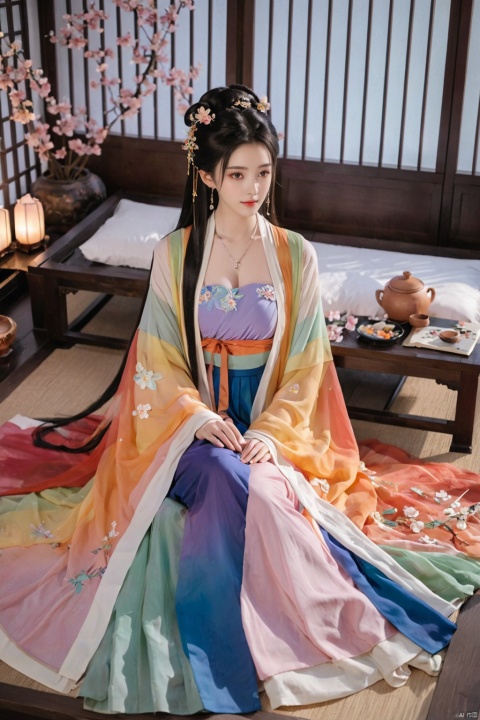  1girl, solo, long hair, black hair,Hairpins,necklace, hair ornament, dress, full body, flower, earrings, indoors, hair bun, (Seven-color rainbow gradient color dress),(Tube top Hanfu long skirt:1.1), pillow, bed, night, chinese clothes, table, branch,daxiushan, ,daxiushan style,(huge breasts:1.99), (full breasts:1.59), realistic,hanfu, daxiushan,Shoulders are exposed, , daxiushan, arien_hanfu, FilmGirl