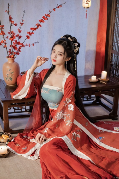  1girl, solo, long hair, black hair,Hairpins,necklace, hair ornament, dress, full body, flower, earrings, indoors, hair bun, (red dress),(Tube top Hanfu long skirt:1.1), pillow, bed, night, chinese clothes, table, branch,daxiushan, ,daxiushan style,(huge breasts:1.99), (full breasts:1.59), realistic,hanfu, daxiushan,Shoulders are exposed, , daxiushan, arien_hanfu, FilmGirl