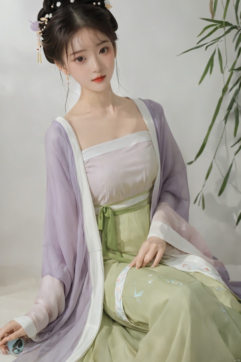  (masterpiece, top quality, best quality, official art, beautiful and aesthetic:1.2),gf-hd, 1girl, solo, hair ornament, jewelry,(purple hanfu dress), long dress, earrings, chinese clothes, brown hair, ribbon, hanfu, red ribbon, shawl, song_hanfu,(big breasts:1.99), (full breasts:1.59),monkren
