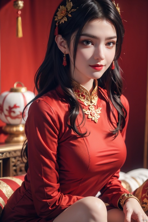  1girl,(solo:1.2),red sweater,sweater,sitting,grin,smile,chinese new year,jewelry,tassel,lantern,make up,hair ornament,(realistic,4K resolution,masterpiece,top quality,best quality,official art,beautiful and aesthetic),photorealistic,red background,paper lantern,eastern dragon