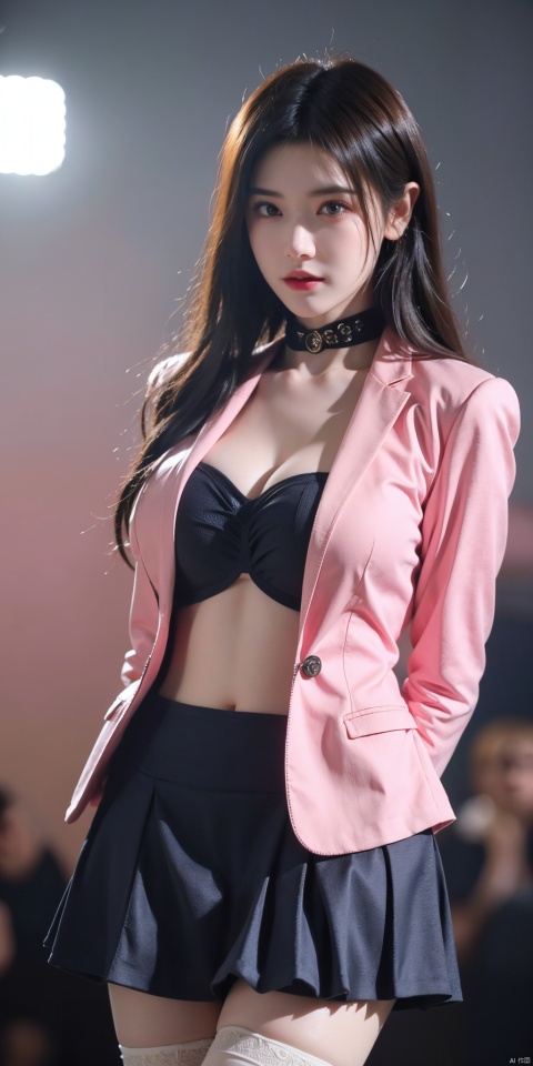  1girl,eye contact,sunlight,(pink JK_suit:1.2),JK_style,(dark blue JK_skirt),standing,arms behindback,white thighhighs,unity 8k wallpaper,ultra detailed,beautiful and aesthetic,(Fashion show runway:1.3),(depth of field:1.5),(black pantyhose),reality,high quality,highres,(big breasta:1.43)