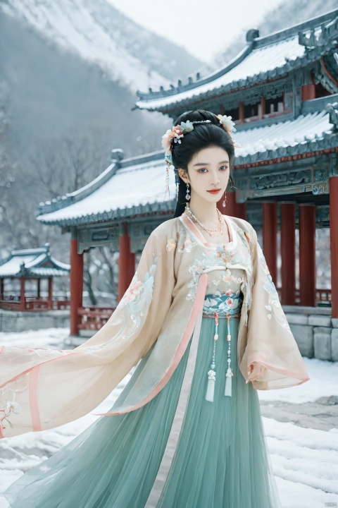  masterpiece,best quality,8K,official art,ultra high res,1girl,looking at viewer,chinese clothes,hanfu,jewelry,hair ornament,upper body,solo,earrings,snowy mountain,ruins,flower,black hair,necklace,teeth,hair bun,dress,parted lips,hair flower,((full body)),dress,hanfu,embroidery,exquisite,meticulous,(tulle:1.4), MAJICMIX STYLE, FilmGirl, monkren