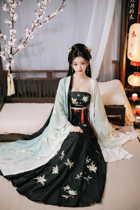  1girl, solo, long hair, black hair,Hairpins,necklace, hair ornament, dress, full body, flower, earrings, indoors, hair bun, (white-black dress),(Tube top Hanfu long skirt:1.1), pillow, bed, night, chinese clothes, table, branch,daxiushan, ,daxiushan style,(huge breasts:1.99), (full breasts:1.59), realistic,hanfu, daxiushan,Shoulders are exposed, , daxiushan, arien_hanfu, FilmGirl