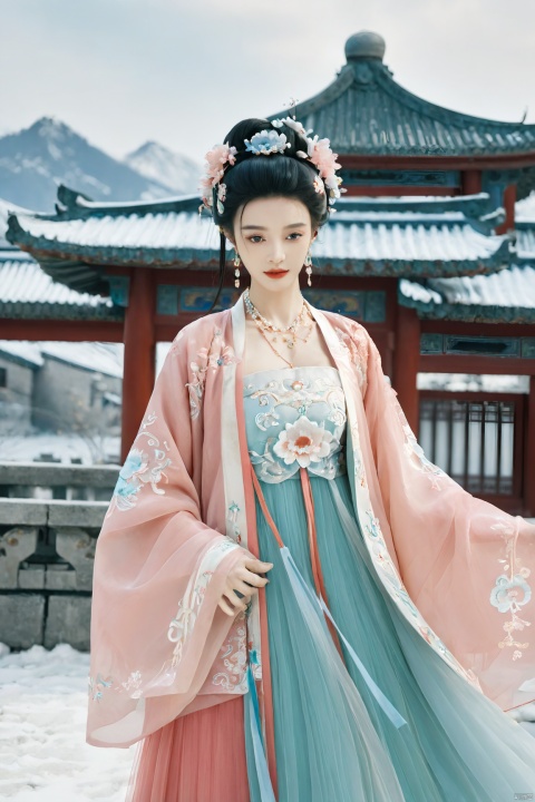  masterpiece,best quality,8K,official art,ultra high res,1girl,looking at viewer,chinese clothes,hanfu,jewelry,hair ornament,upper body,solo,earrings,snowy mountain,ruins,flower,black hair,necklace,teeth,hair bun,dress,parted lips,hair flower,((full body)),dress,hanfu,embroidery,exquisite,meticulous,(tulle:1.4), MAJICMIX STYLE, FilmGirl, monkren