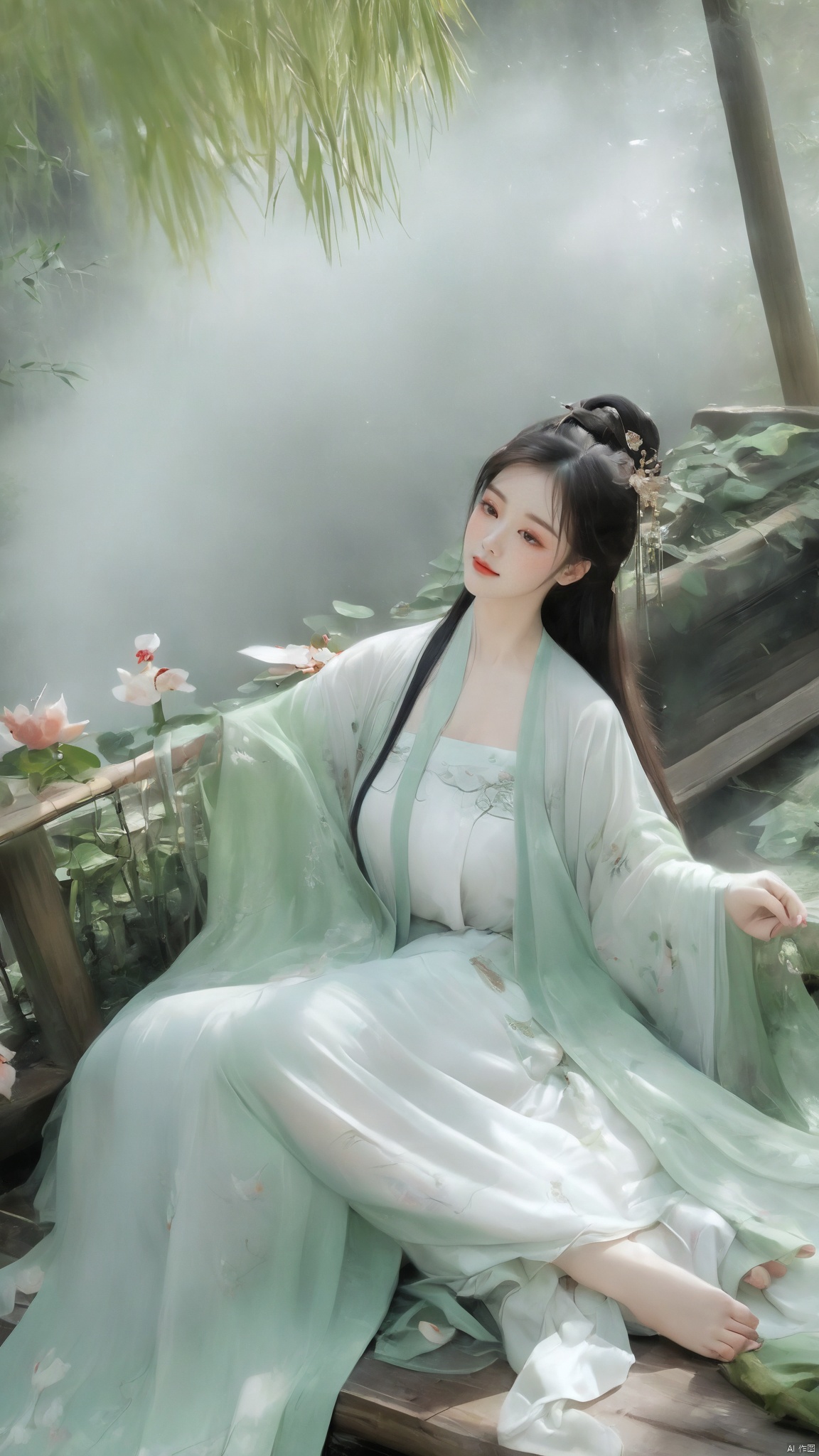  ((1girl)),solo,lying on back on bamboo mat bed in garden,paper fan,thin hanfu,foggy,(curtain),(bamboo forest),(huge breasts:1.88),(Spread your legs and expose your vagina:1.55),tiles roof,light green and white,off shoulders,chinese painting,gongbi style,water_color,(grapevineman:1.4),(huge breasts:2),(trees, artificial mountain, green lotus leaves,light pink lotus flowers),koi,wooden windows,doors,bed,stone,trandional architecture,temple,tower,wall,chinese garden,long hair,full body,bangs,(huge breasts:2.2),(masterpiece, Extremely detailed, best quality, highres:1.2),(ultra_detailed, UHD:1.2),soft smile,huyefo,1girl,see-through,(huge breasts:2.3),,*****,bsp,daxiushan,daxiushan style,