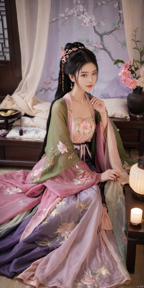  1girl, solo, long hair, black hair,Hairpins,necklace, hair ornament, dress, full body, flower, earrings, indoors, hair bun, (purple-pink-green dress),(Tube top Hanfu long skirt:1.1), pillow, bed, night, chinese clothes, table, branch,daxiushan, ,daxiushan style,(huge breasts:1.79), (full breasts:1.59), realistic,hanfu, daxiushan,Shoulders are exposed, , daxiushan, arien_hanfu, FilmGirl