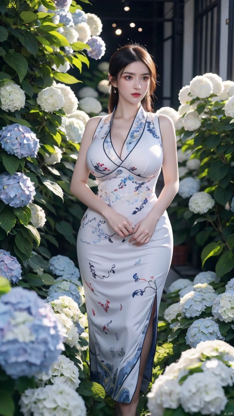 1girl,front,full body,mottledsunlight,hydrangea flowers field,photoparticle,refracted light,light particles,sparkle,backlighting,hydrangea flower,china dress\(haihang\),lingxing, (big breasts:1.86),