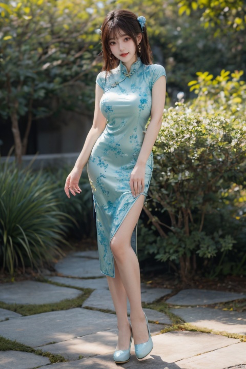  best quality, masterpiece,Depth of field,kind smile,looking_at_viewer,Dynamic pose,RAW photo,1girl,Xcheongsam,full body,(big breasts:1.39),(ping-blue dress:1.23),hand101, ((poakl))
