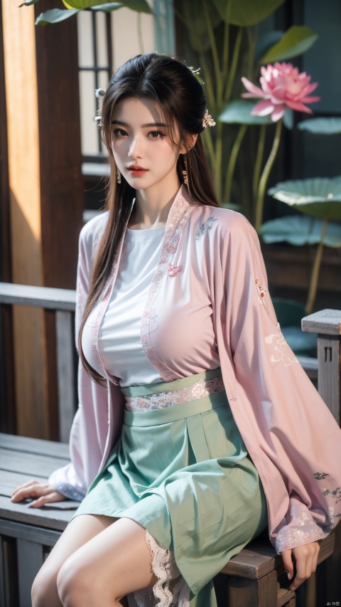  (1girl:1.1), (Lace green skirt:1.39), on Stomach,aqua_earrings,Lights, lanterns, chang,(big breasts:1.56),hanfu, Best quality, Realistic, photorealistic, masterpiece, extremely detailed CG unity 8k wallpaper, best illumination, best shadow, huge filesize ,(huge breasts:1.59) incredibly absurdres, absurdres, looking at viewer, transparent, smog, gauze, vase, petals, room, ancient Chinese style, detailed background, wide shot background,
(((black hair))),(Sitting on the lotus pond porch:1.49) ,(A pond full of pink lotus flowers:1.5),close up of 1girl,Hairpins,hair ornament,hair wings,slim,narrow waist,perfect eyes,beautiful perfect face,pleasant smile,perfect female figure,detailed skin,charming,alluring,seductive,erotic,enchanting,delicate pattern,detailed complex and rich exquisite clothing detail,delicate intricate fabrics,
Morning Serenade In the gentle morning glow, (a woman in a pink lotus-patterned Hanfu stands in an indoor courtyard:1.36),(Chinese traditional dragon and phoenix embroidered Hanfu:1.3), admiring the tranquil garden scenery. The lotus-patterned Hanfu, embellished with silver-thread embroidery, is softly illuminated by the morning light. The light mint green Hanfu imparts a sense of calm and freshness, adorned with delicate lotus patterns, with a blurred background to enhance the peaceful atmosphere,X-Yunxiao, Yunxiao_Fairy