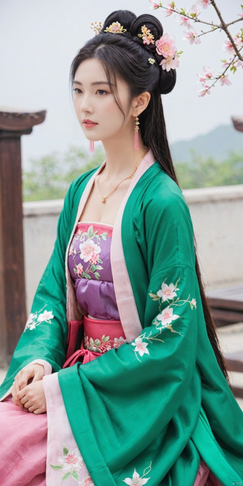  1girl, solo, long hair, black hair,Hairpins,necklace, hair ornament, dress, full body, flower, earrings, indoors, hair bun, (purple-pink-green dress),(Tube top Hanfu long skirt:1.1), pillow, bed, night, chinese clothes, table, branch,daxiushan, ,daxiushan style,(huge breasts:1.6), (full breasts), realistic,hanfu, daxiushan,Shoulders are exposed, , daxiushan, arien_hanfu, FilmGirl