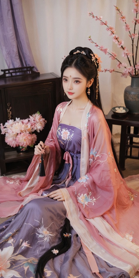  1girl, solo, long hair, black hair,Hairpins,necklace, hair ornament, dress, full body, flower, earrings, indoors, hair bun, (purple-pink dress),(Tube top Hanfu long skirt:1.1), pillow, bed, night, chinese clothes, table, branch,daxiushan, ,daxiushan style,(huge breasts:1.79), (full breasts:1.59), realistic,hanfu, daxiushan,Shoulders are exposed, , daxiushan, arien_hanfu, FilmGirl