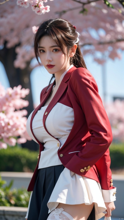  1girl,eye contact,sunlight,(red JK_suit:1.2),JK_style,(dark blue JK_skirt),standing,arms behindback,white thighhighs,unity 8k wallpaper,ultra detailed,beautiful and aesthetic,cherry blossoms,(depth of field:1.5),(black pantyhose),reality,high quality,highres,(big breasta:1.26)