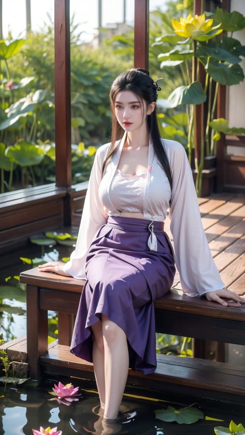  (1girl:1.1), (Lace purple skirt:1.39), on Stomach,aqua_earrings,Lights, lanterns, chang,(big breasts:1.56),hanfu, Best quality, Realistic, photorealistic, masterpiece, extremely detailed CG unity 8k wallpaper, best illumination, best shadow, huge filesize ,(huge breasts:1.56) incredibly absurdres, absurdres, looking at viewer, transparent, smog, gauze, vase, petals, room, ancient Chinese style, detailed background, wide shot background,
(((black hair))),(Sitting on the lotus pond porch:1.49) ,(A pond full of pink lotus flowers:1.5),close up of 1girl,Hairpins,hair ornament,hair wings,slim,narrow waist,perfect eyes,beautiful perfect face,pleasant smile,perfect female figure,detailed skin,charming,alluring,seductive,erotic,enchanting,delicate pattern,detailed complex and rich exquisite clothing detail,delicate intricate fabrics,
Morning Serenade In the gentle morning glow, (a woman in a pink lotus-patterned Hanfu stands in an indoor courtyard:1.36),(Chinese traditional dragon and phoenix embroidered Hanfu:1.3), admiring the tranquil garden scenery. The lotus-patterned Hanfu, embellished with silver-thread embroidery, is softly illuminated by the morning light. The light mint green Hanfu imparts a sense of calm and freshness, adorned with delicate lotus patterns, with a blurred background to enhance the peaceful atmosphere,