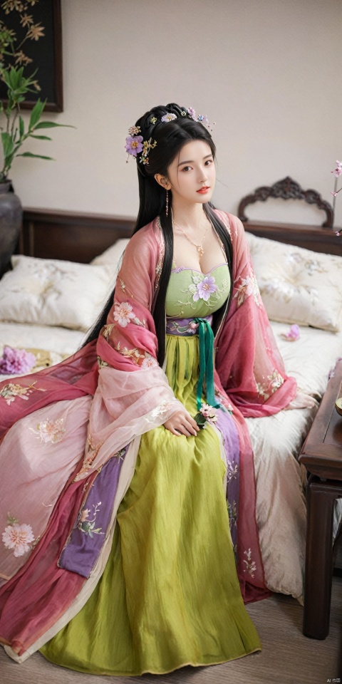  1girl, solo, long hair, black hair,Hairpins,necklace, hair ornament, dress, full body, flower, earrings, indoors, hair bun, (purple-pink-green dress),(Tube top Hanfu long skirt:1.1), pillow, bed, night, chinese clothes, table, branch,daxiushan, ,daxiushan style,(huge breasts:1.6), (full breasts:1.39), realistic,hanfu, daxiushan,Shoulders are exposed, , daxiushan, arien_hanfu, FilmGirl
