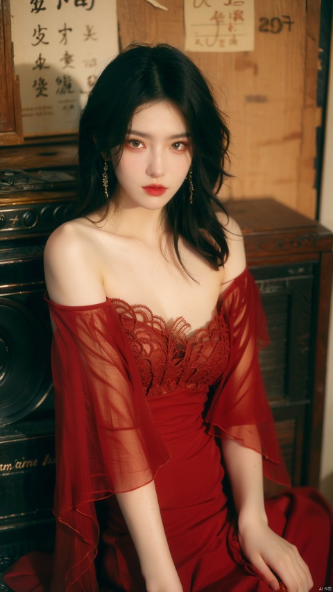  sdmai, hongchen, 1girl, solo, lace dress, red dress, black hair, realistic, breasts, jewelry, earrings, looking at viewer, bare shoulders,(big breasts:1.69)