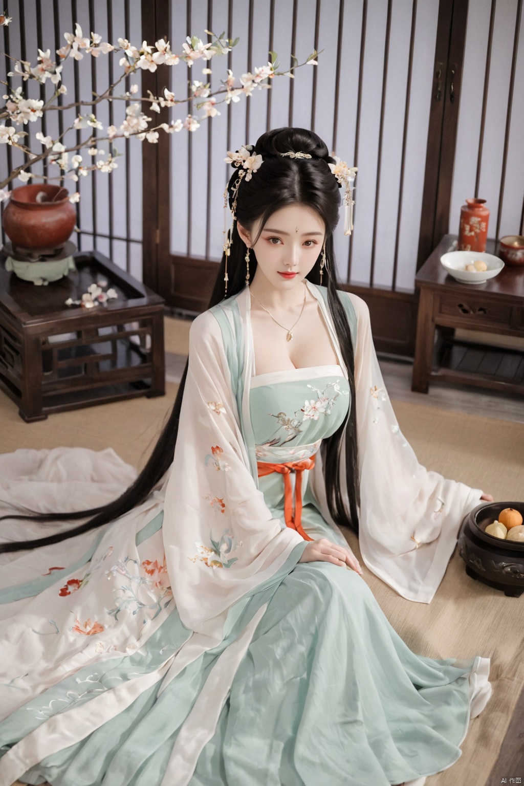  1girl, solo, long hair, black hair,Hairpins,necklace, hair ornament, dress, full body, flower, earrings, indoors, hair bun, (black-white dress),(Tube top Hanfu long skirt:1.1), pillow, bed, night, chinese clothes, table, branch,daxiushan, ,daxiushan style,(huge breasts:1.99), (full breasts:1.59), realistic,hanfu, daxiushan,Shoulders are exposed, , daxiushan, arien_hanfu, FilmGirl