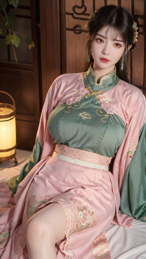  1girl, (Lace pink|green skirt:1.45), on Stomach, lying down, bed,aqua_earrings,Lights, lanterns, chang,(big breasts:1.55),hanfu, (antique cheongsam), (Chinese round fans), ll-hd, shidudou,(midi skirt:1.1), QIPAO, taoist robe, hy, han style