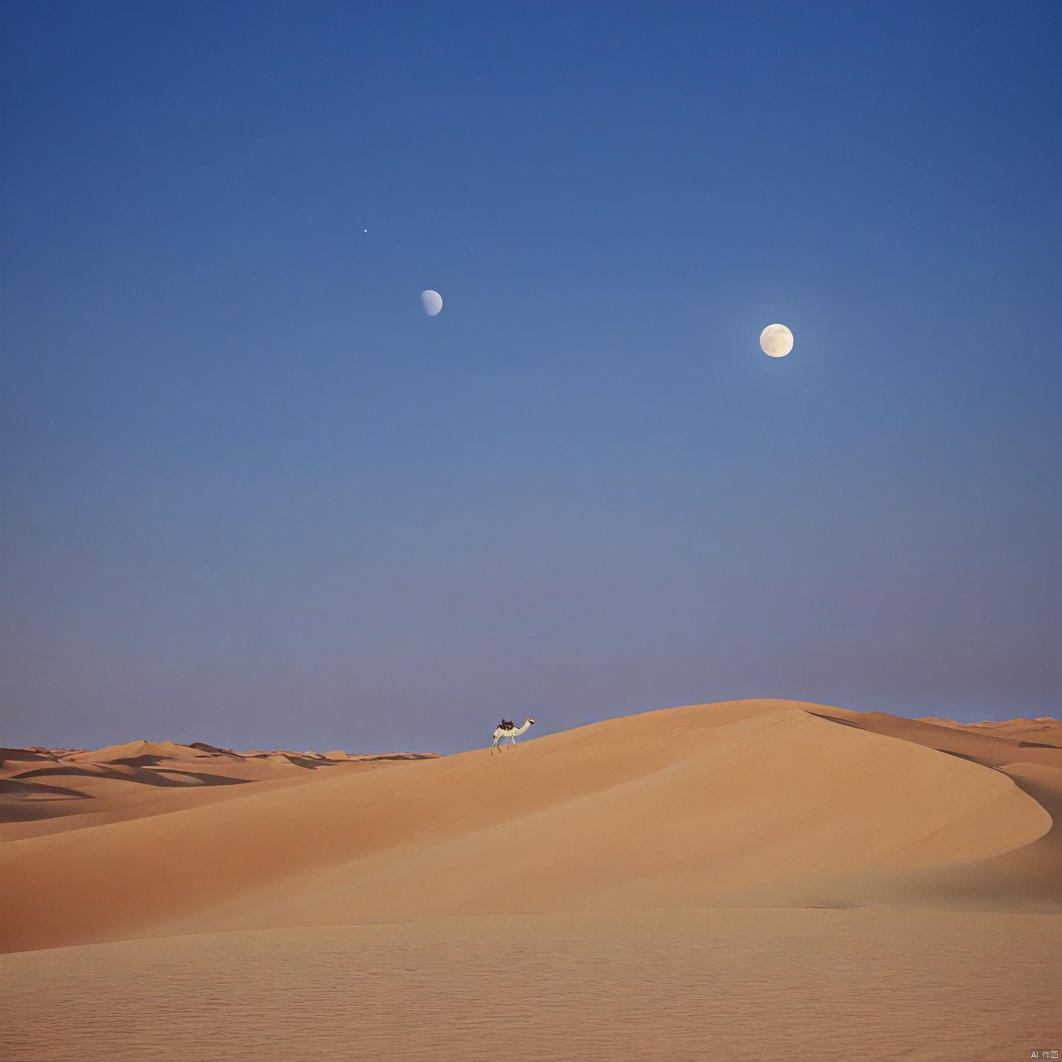 desert_sky,outdoors,sky,moon,scenery,desert,wide shot,animal, landscape, tang_hanfu, FANTASY