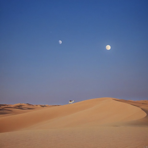 desert_sky,outdoors,sky,moon,scenery,desert,wide shot,animal, landscape, tang_hanfu, FANTASY