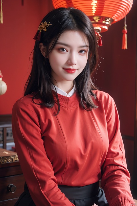  1girl,(solo:1.2),red sweater,sweater,sitting,grin,smile,chinese new year,jewelry,tassel,lantern,make up,hair ornament,(realistic,4K resolution,masterpiece,top quality,best quality,official art,beautiful and aesthetic),photorealistic,red background,paper lantern,eastern dragon