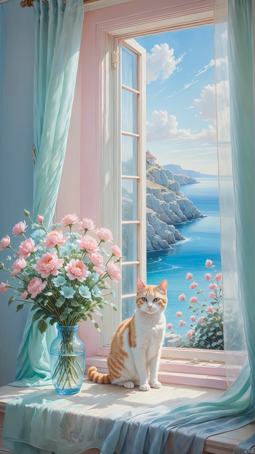  a cat looking at a bouquet, near by the window with the curtains, coastal landscape outside the window, oil painting, plein air painting, dreamy azure, light blue and dreamy pink, dreamy ice mint, natural light, high quality, high detail, super clarity, transcendent work