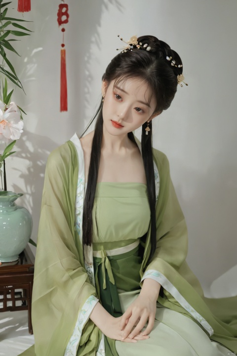  (masterpiece, top quality, best quality, official art, beautiful and aesthetic:1.2),gf-hd, 1girl, solo, hair ornament, jewelry,hanfu dress, green dress, earrings, chinese clothes, brown hair, ribbon, hanfu, red ribbon, shawl, song_hanfu,(big breasts:1.69), monkren