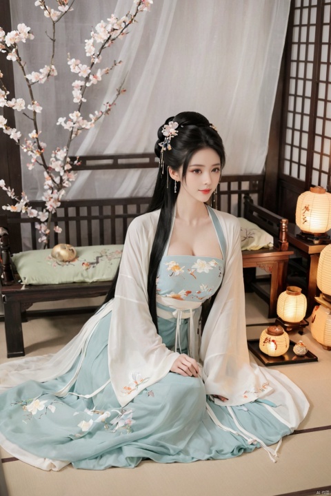  1girl, solo, long hair, black hair,Hairpins,necklace, hair ornament, dress, full body, flower, earrings, indoors, hair bun, (black-white dress),(Tube top Hanfu long skirt:1.1), pillow, bed, night, chinese clothes, table, branch,daxiushan, ,daxiushan style,(huge breasts:1.99), (full breasts:1.59), realistic,hanfu, daxiushan,Shoulders are exposed, , daxiushan, arien_hanfu, FilmGirl