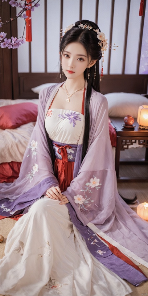  1girl,solo,long hair,white hair,Hairpins,necklace, hair ornament, dress, full body, flower, earrings, indoors, hair bun, (purple-red-white dress),(Tube top Hanfu long skirt:1.1), pillow, bed, night, chinese clothes, table, branch,daxiushan, ,daxiushan style,(huge breasts:1.6), (full breasts:1.39), realistic,hanfu, daxiushan,Shoulders are exposed, , daxiushan, arien_hanfu, FilmGirl