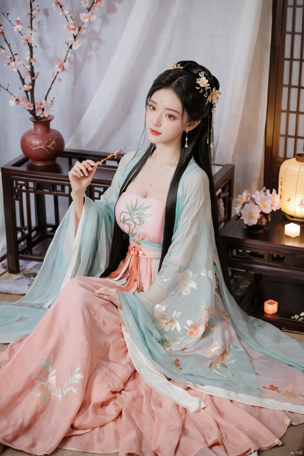  1girl, solo, long hair, black hair,Hairpins,necklace, hair ornament, dress, full body, flower, earrings, indoors, hair bun, (Laser color dress),(Tube top Hanfu long skirt:1.1), pillow, bed, night, chinese clothes, table, branch,daxiushan, ,daxiushan style,(huge breasts:1.99), (full breasts:1.59), realistic,hanfu, daxiushan,Shoulders are exposed, , daxiushan, arien_hanfu, FilmGirl