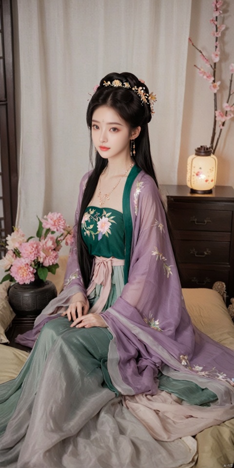  1girl, solo, long hair, black hair,Hairpins,necklace, hair ornament, dress, full body, flower, earrings, indoors, hair bun, (purple-green dress),(Tube top Hanfu long skirt:1.1), pillow, bed, night, chinese clothes, table, branch,daxiushan, ,daxiushan style,(huge breasts:1.79), (full breasts:1.59), realistic,hanfu, daxiushan,Shoulders are exposed, , daxiushan, arien_hanfu, FilmGirl