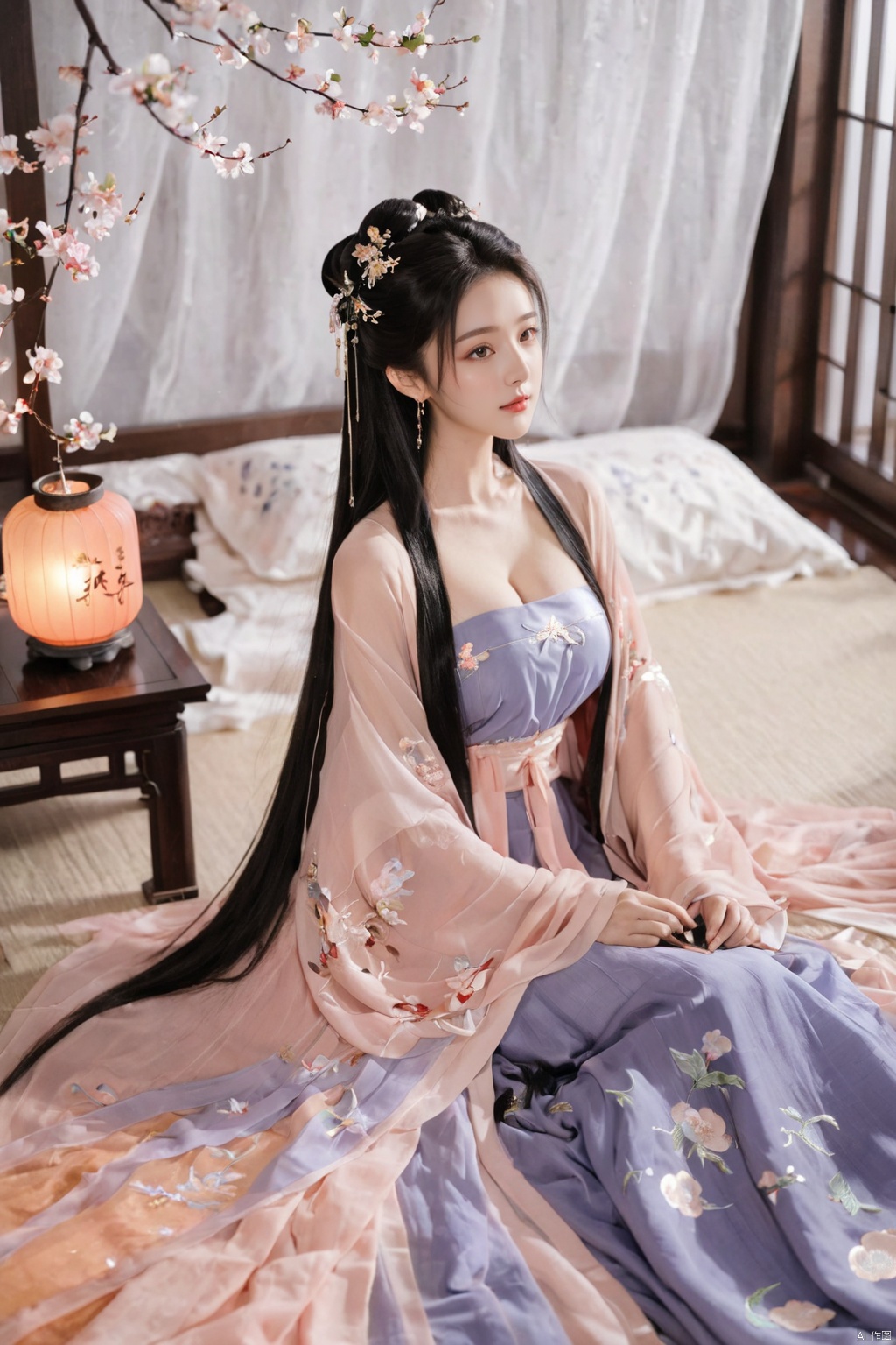  1girl, solo, long hair, black hair,Hairpins,necklace, hair ornament, dress, full body, flower, earrings, indoors, hair bun, (Sequin color dress),(Tube top Hanfu long skirt:1.1), pillow, bed, night, chinese clothes, table, branch,daxiushan, ,daxiushan style,(huge breasts:1.99), (full breasts:1.59), realistic,hanfu, daxiushan,Shoulders are exposed, , daxiushan, arien_hanfu, FilmGirl