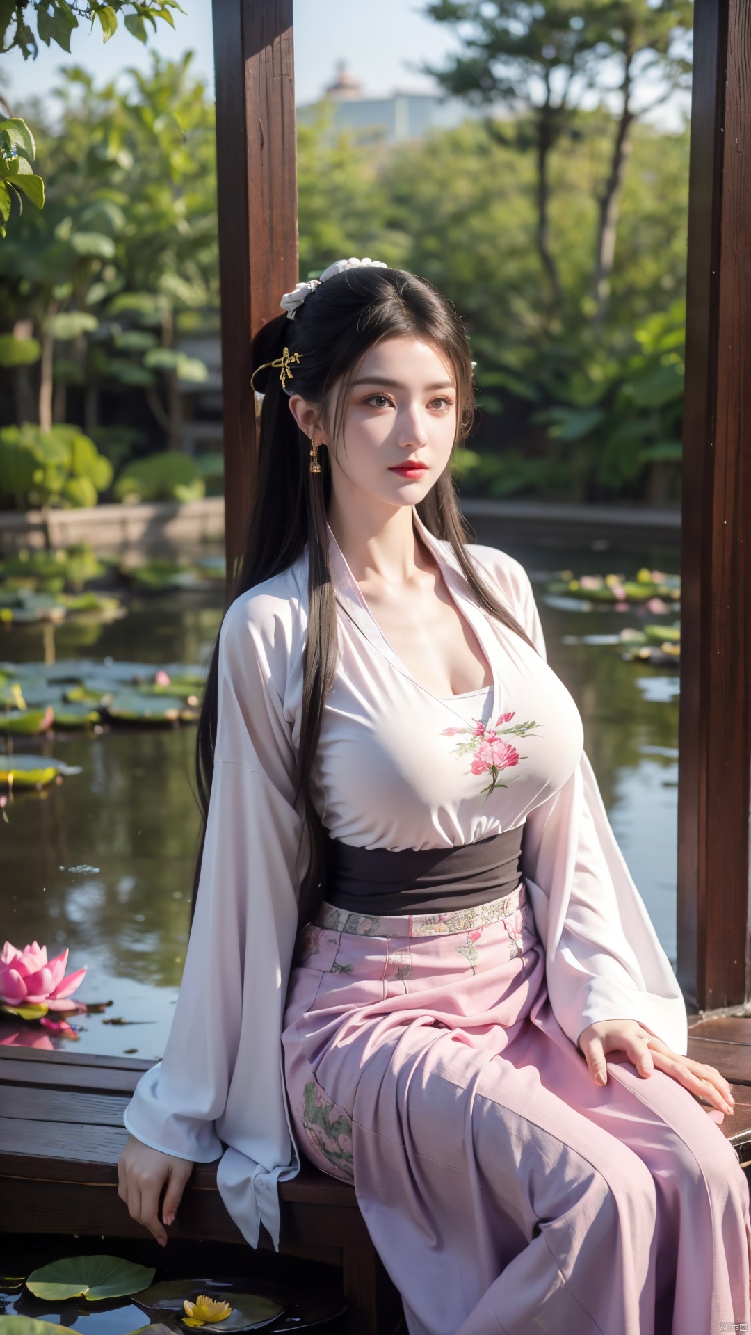  (1girl:1.1), (Lace purple skirt:1.39), on Stomach,aqua_earrings,Lights, lanterns, chang,(big breasts:1.56),hanfu, Best quality, Realistic, photorealistic, masterpiece, extremely detailed CG unity 8k wallpaper, best illumination, best shadow, huge filesize ,(huge breasts:1.56) incredibly absurdres, absurdres, looking at viewer, transparent, smog, gauze, vase, petals, room, ancient Chinese style, detailed background, wide shot background,
(((black hair))),(Sitting on the lotus pond porch:1.49) ,(A pond full of pink lotus flowers:1.5),close up of 1girl,Hairpins,hair ornament,hair wings,slim,narrow waist,perfect eyes,beautiful perfect face,pleasant smile,perfect female figure,detailed skin,charming,alluring,seductive,erotic,enchanting,delicate pattern,detailed complex and rich exquisite clothing detail,delicate intricate fabrics,
Morning Serenade In the gentle morning glow, (a woman in a pink lotus-patterned Hanfu stands in an indoor courtyard:1.36),(Chinese traditional dragon and phoenix embroidered Hanfu:1.3), admiring the tranquil garden scenery. The lotus-patterned Hanfu, embellished with silver-thread embroidery, is softly illuminated by the morning light. The light mint green Hanfu imparts a sense of calm and freshness, adorned with delicate lotus patterns, with a blurred background to enhance the peaceful atmosphere,