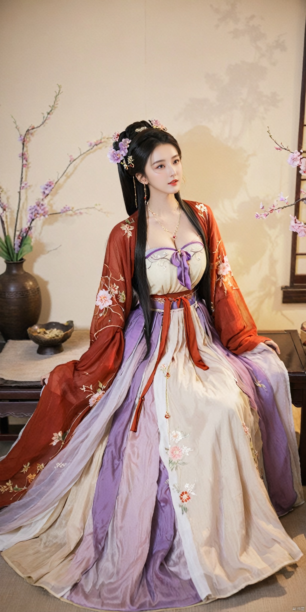  1girl, solo, long hair, black hair,Hairpins,necklace, hair ornament, dress, full body, flower, earrings, indoors, hair bun, (purple-red-white dress),(Tube top Hanfu long skirt:1.1), pillow, bed, night, chinese clothes, table, branch,daxiushan, ,daxiushan style,(huge breasts:1.6), (full breasts:1.39), realistic,hanfu, daxiushan,Shoulders are exposed, , daxiushan, arien_hanfu, FilmGirl