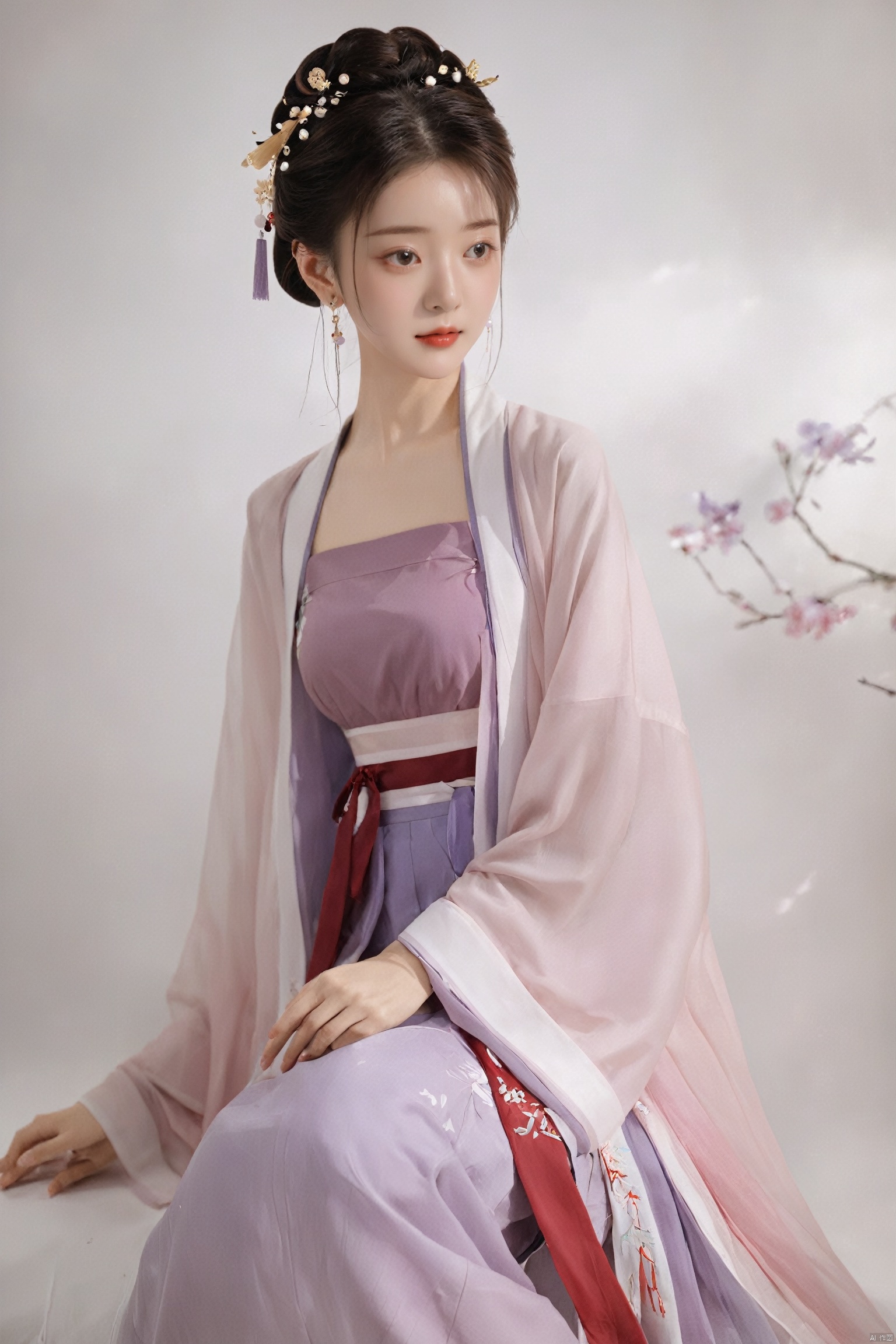  (masterpiece, top quality, best quality, official art, beautiful and aesthetic:1.2),gf-hd, 1girl, solo, hair ornament, jewelry,hanfu dress, purple dress, earrings, chinese clothes, brown hair, ribbon, hanfu, red ribbon, shawl, song_hanfu,(big breasts:1.59), monkren
