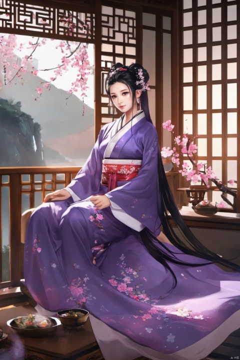  1girl, solo, long hair, black hair,Hairpins,necklace, hair ornament, dress, full body, flower, earrings, indoors, hair bun, (purple dress),(Tube top Hanfu long skirt:1.1), pillow, bed, night, chinese clothes, table, branch,(huge breasts:1.69), (full breasts:1.59)