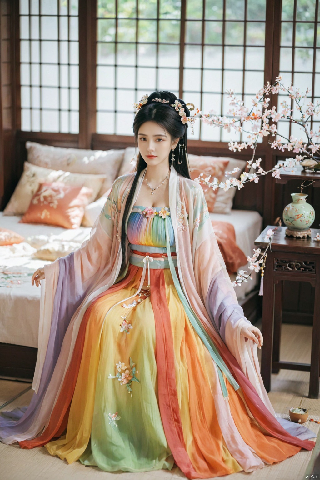  1girl, solo, long hair, black hair,Hairpins,necklace, hair ornament, dress, full body, flower, earrings, indoors, hair bun, (Seven-color rainbow gradient color dress),(Tube top Hanfu long skirt:1.1), pillow, bed, night, chinese clothes, table, branch,daxiushan, ,daxiushan style,(huge breasts:1.99), (full breasts:1.59), realistic,hanfu, daxiushan,Shoulders are exposed, , daxiushan, arien_hanfu, FilmGirl